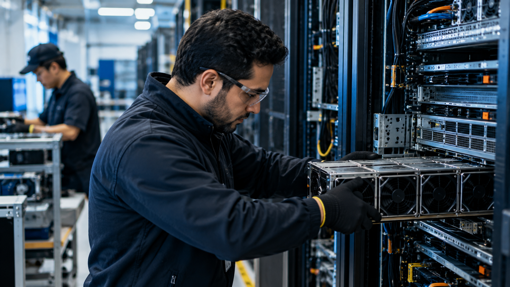 Technician installs a high-performance AI server module into a densely packed data-centre rack while another worker prepares equipment in the background.