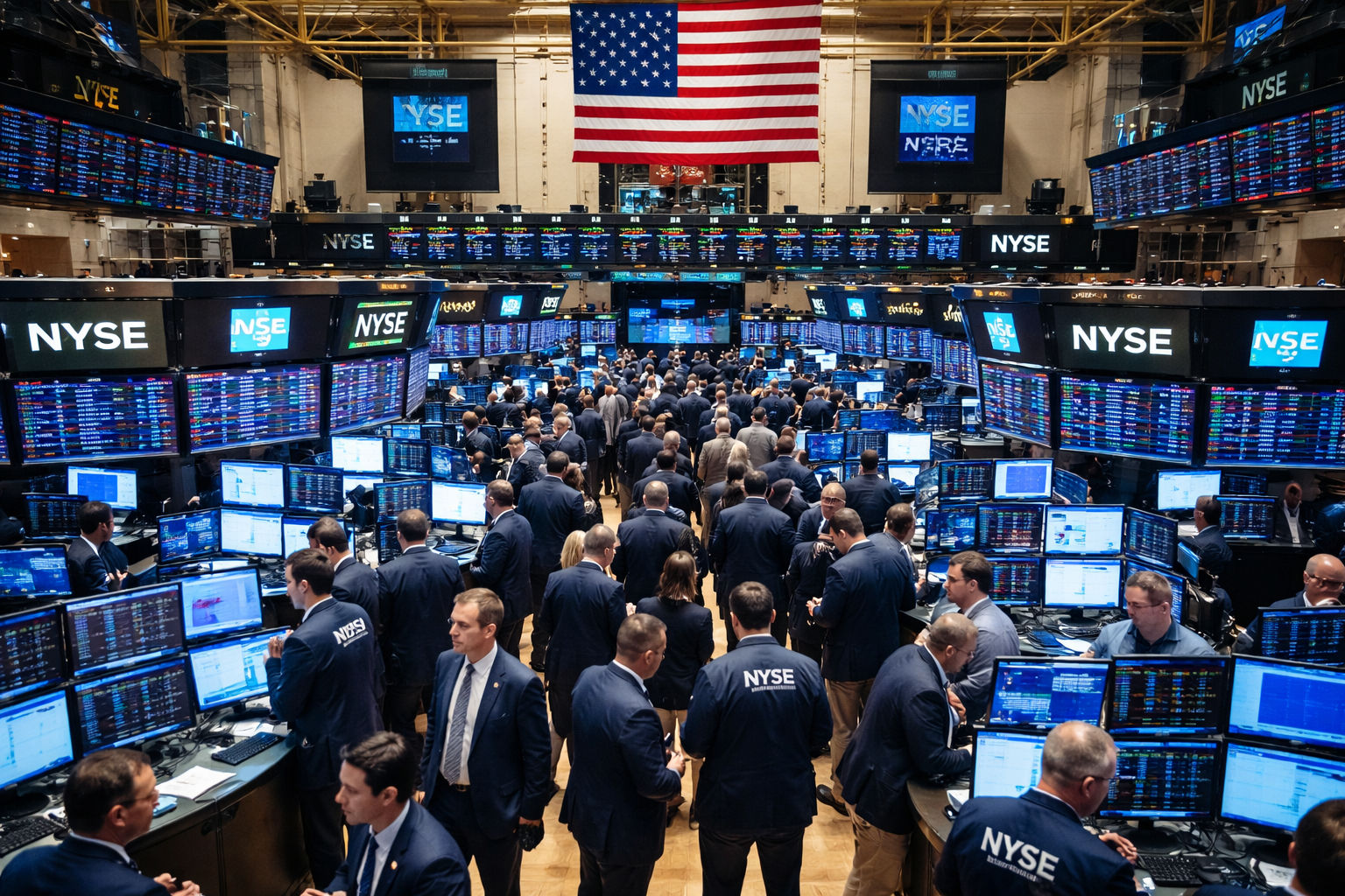A wide view of the bustling New York Stock Exchange trading floor, filled with floor traders working at computer terminals