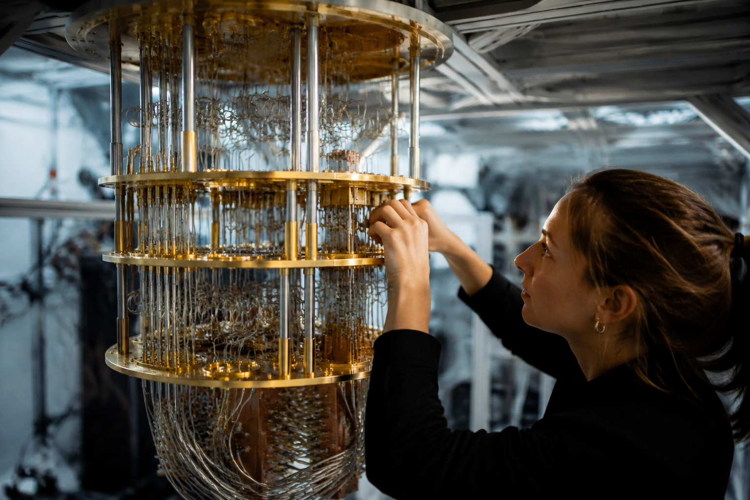 Close-up view of a researcher working on the intricate gold-plated tiers and wiring of a quantum computer dilution refrigerator