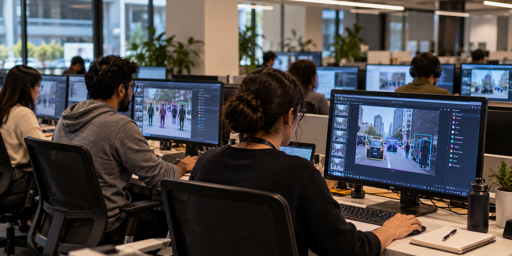 Data annotators working in an office