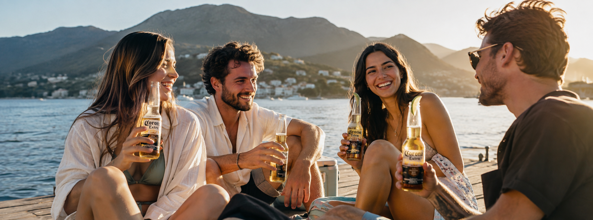Four friends sitting together on a wooden dock by the sea at sunset, holding clear bottles of Corona Extra beer