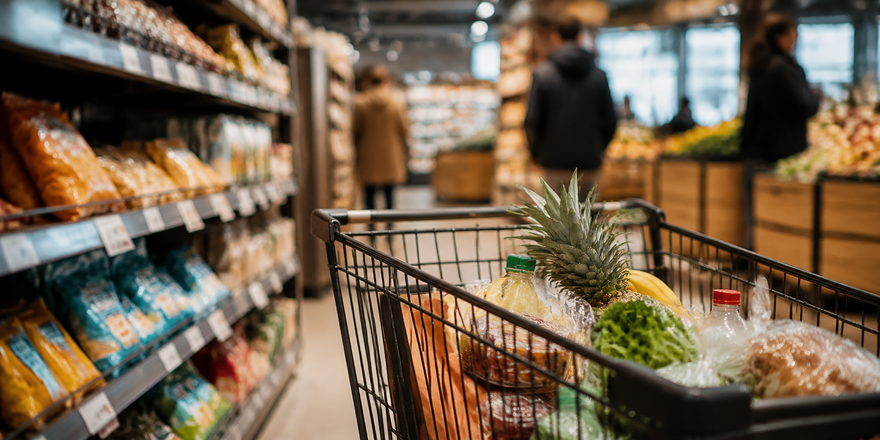 A close-up view of a metal shopping cart filled with fresh groceries and packaged foods.