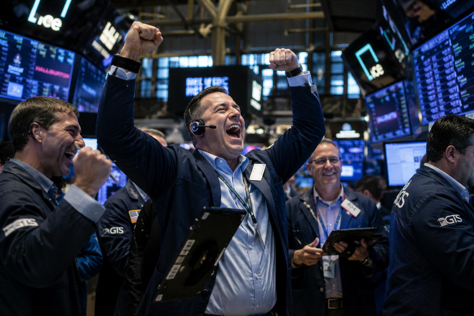 Investors cheering on a stock market floor