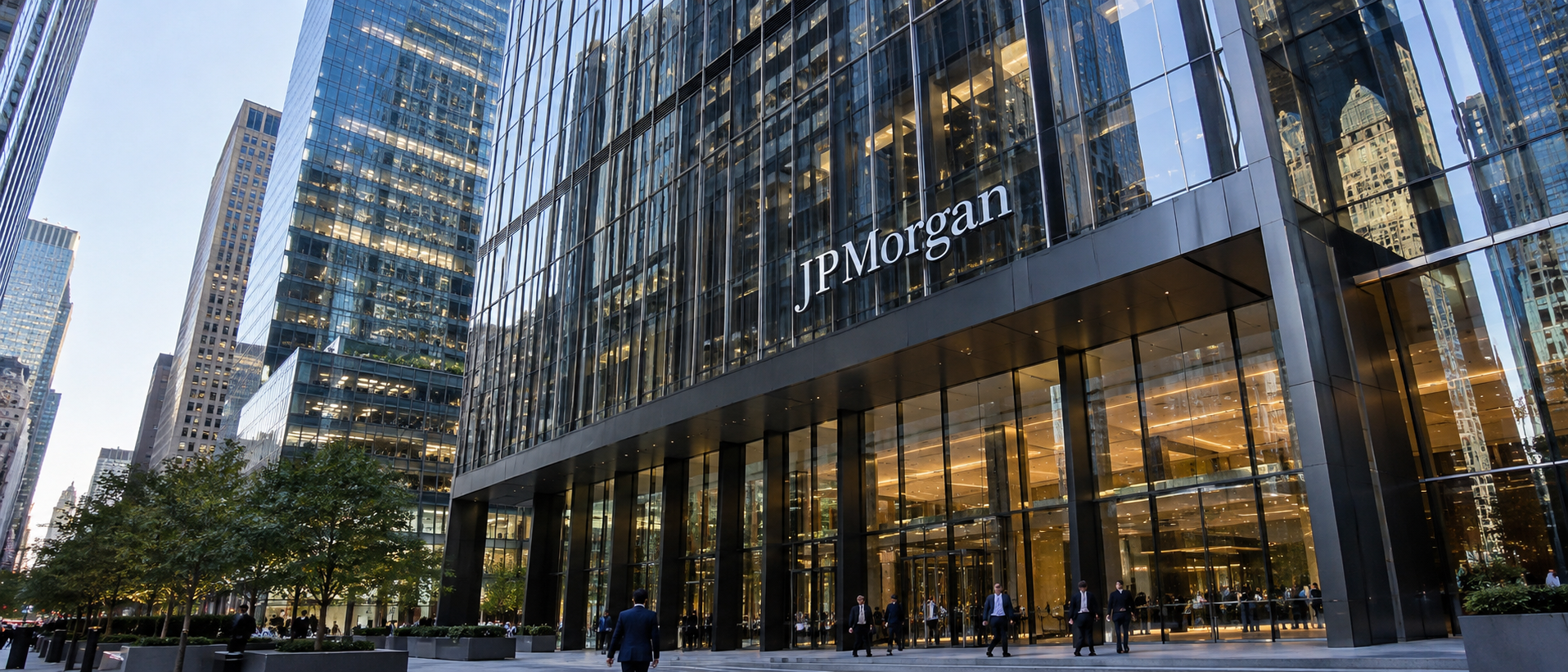 Street-level view of the glass facade and entrance of the JPMorgan Chase headquarters skyscraper in Manhattan