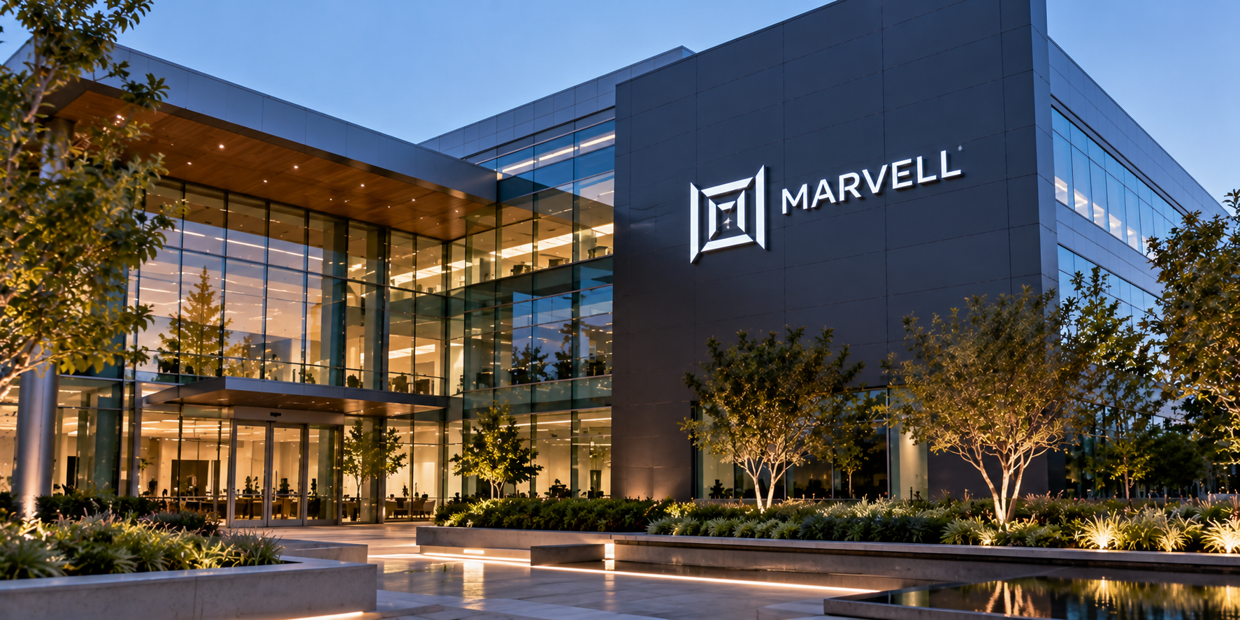 Exterior front view of the modern Marvell Technology corporate headquarters building