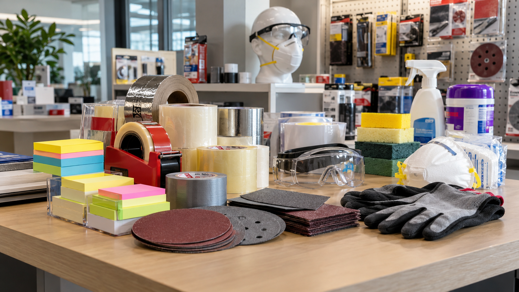 A display table arranged with various hardware and office products, including rolls of tape, sandpaper sheets, sticky notes, safety glasses, gloves, sponges, and a respirator mask.