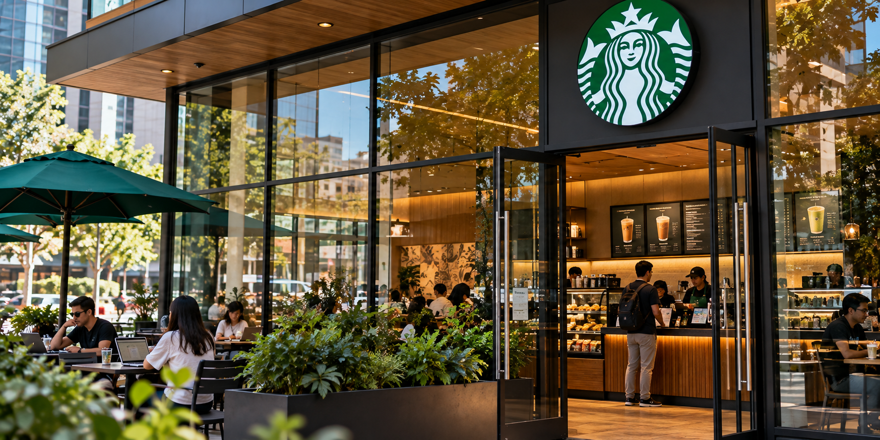 Exterior of a modern Starbucks coffee shop