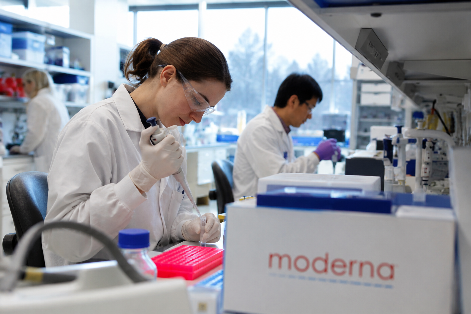 Moderna researchers in white lab coats conduct experiments with pipettes and laboratory equipment inside a biotechnology research facility.