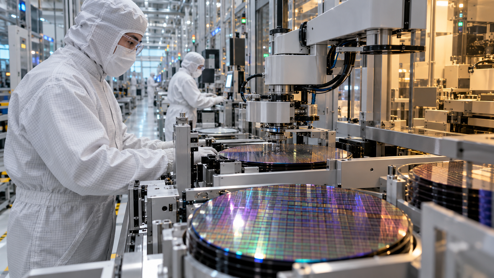 Semiconductor engineers inspect silicon wafers inside an advanced chip fabrication cleanroom.