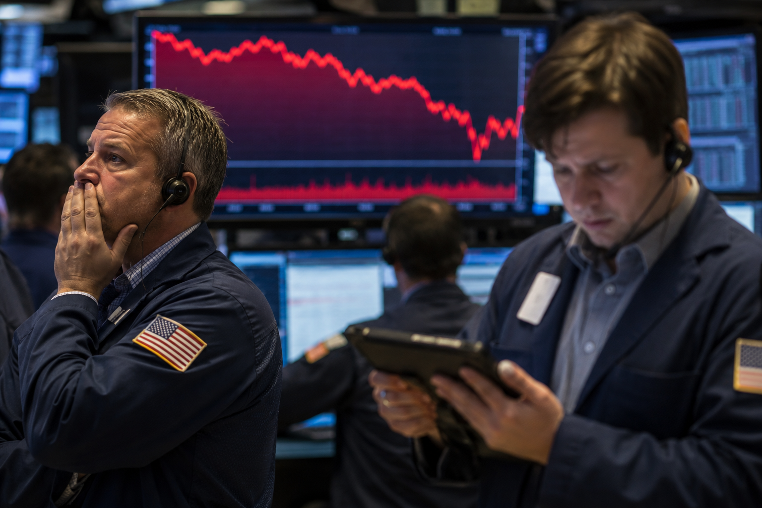 Traders looking at falling stock market wall street