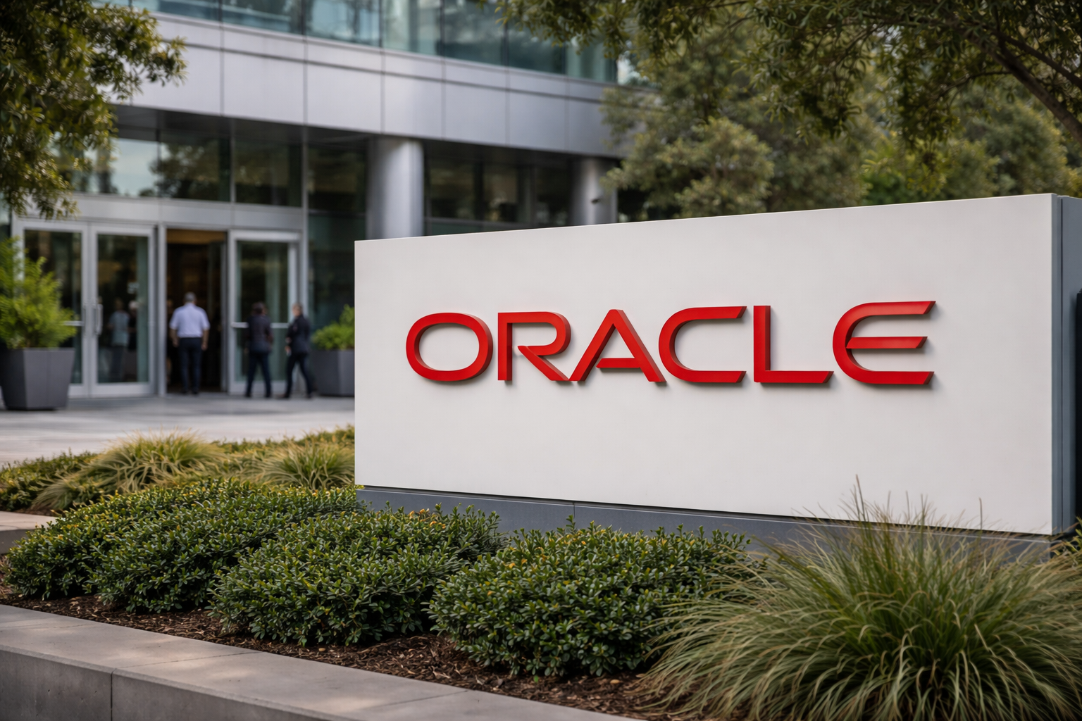 Oracle logo displayed on a large sign outside a modern corporate office building.