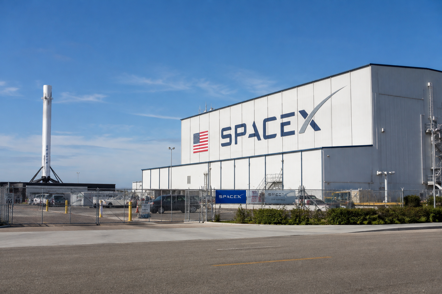 SpaceX facility with company signage and a Falcon 9 booster standing nearby.
