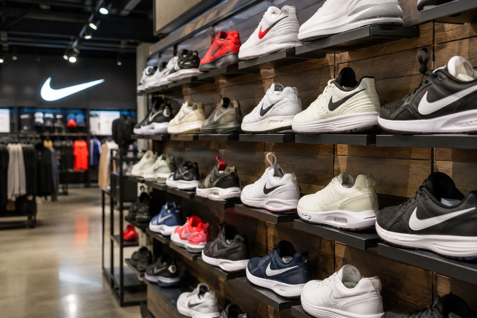 Nike sneakers displayed on wooden shelves inside a branded retail store.