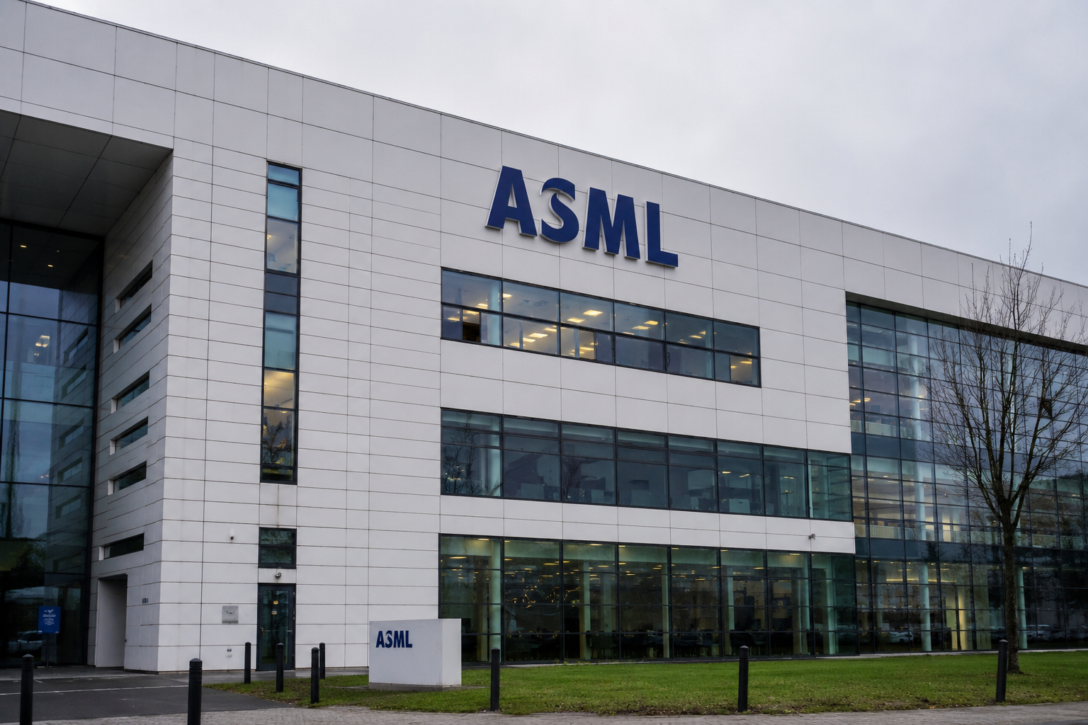 ASML office and technology facility with the company’s blue logo displayed prominently on the building exterior.