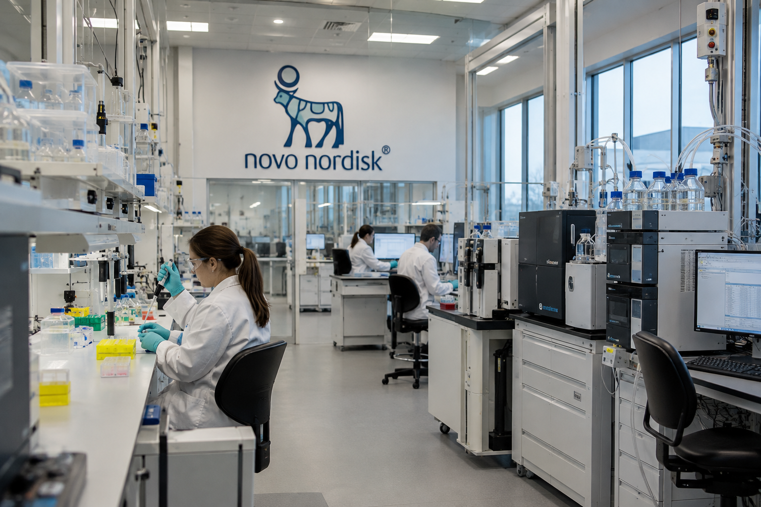 Scientists in lab coats working at benches inside a bright, modern Novo Nordisk laboratory with the company logo on the back wall.